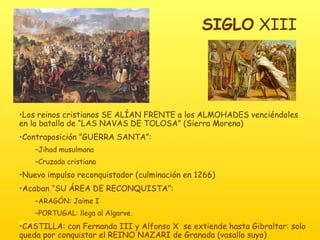 SIGLO  XIII Los reinos cristianos SE ALÍAN FRENTE a los ALMOHADES venciéndoles en la batalla de “LAS NAVAS DE TOLOSA” (Sierra Morena) Contraposición ”GUERRA SANTA”: Jihad musulmana Cruzada cristiana Nuevo impulso reconquistador (culminación en 1266) Acaban “SU ÁREA DE RECONQUISTA”:  ARAGÓN: Jaime I PORTUGAL: llega al Algarve. CASTILLA: con Fernando III y Alfonso X  se extiende hasta Gibraltar: solo queda por conquistar el REINO NAZARI de Granada (vasallo suyo) 