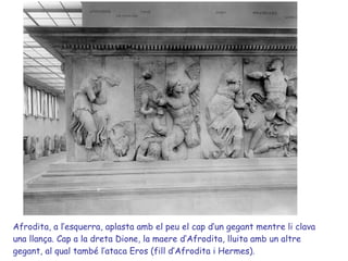 Afrodita, a l’esquerra, aplasta amb el peu el cap d’un gegant mentre li clava una llança. Cap a la dreta Dione, la maere d’Afrodita, lluita amb un altre gegant, al qual també l’ataca Eros (fill d’Afrodita i Hermes). 