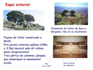 Espai exterior Fonaments de l’altar de Zeus a Bergama i lloc on es localitzava Façana de l’altar conservada a Berlín.  Fris parets externes pòdium (100m x 2,5m) decorat amb alt relleus plens d’expressivitat. Tres pòrtics de columnes jòniques que emmarquen la monumental escala Cossos laterals  que enquadren Podi  (7 m. d’alt)  