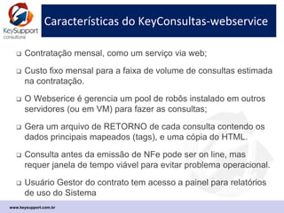 Arquitetura do Sistema Webservice
Ambiente Genérico
www.keysupport.com.br
WS
Webservice
Distribuidor
Pool de Robôs
(VMs ou Cloud)
Sistema no Data Center Internet
https
Conexão
com ERP
REST e
JSON ou XML
Websites alvo das Consultas
Consultas
Certificados
 