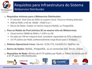 Características do KeyConsultas-webservice
 Contratação mensal, como um serviço via web;
 Custo mensal proporcional à uma faixa de volume de consultas
estimada na contratação (franquia);
 O Sistema Webservice gerencia um pool de robôs em Cloud para
executar as consultas automatizadas;
 Cada consulta bem sucedida retorna os dados principais mapeados
(em tags), e uma cópia do comprovante HTML ou PDF;
 Formato de resposta padrão é JSON, mas pode ser XML (opcional);
 Arquitetura flexível, rapidamente escalonável e baseada em serviço de
infraestrutura de alta disponibilidade (Cloud Server).
www.keysupport.com.br
 