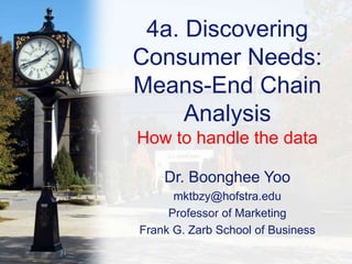 4a. Discovering
Consumer Needs:
Means-End Chain
Analysis
How to handle the data
Dr. Boonghee Yoo
mktbzy@hofstra.edu
Professor of Marketing
Frank G. Zarb School of Business
 