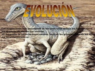   EVOLUCIÓN Las adaptaciones más importantes de los seres vivos de esta era fueron:  -La aparición de plantas con semillas. -El desarrollo de cubiertas impermeables, tanto en los animales como en los huevos. -La fecundación interna. 