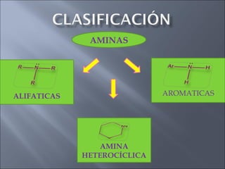 AMINAS
ALIFATICAS AROMATICAS
AMINA
HETEROCÍCLICA
 