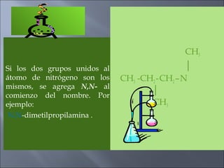 Si los dos grupos unidos al
átomo de nitrógeno son los
mismos, se agrega N,N- al
comienzo del nombre. Por
ejemplo:
N,N-dimetilpropilamina .
CH3
│
CH3 -CH2-CH2–N
│
CH3
 