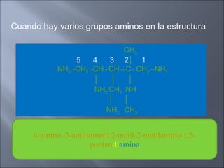 Cuando hay varios grupos aminos en la estructura
CH3
5 4 3 2│ 1
NH2 -CH2 -CH - CH – C - CH2 –NH2
│ │ │
NH2 CH2 NH
│ │
NH2 CH3
4-amino -3-aminometil 2-metil-2-metilamino-1,5-
pentandiamina
 