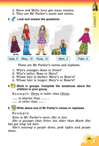 4. Steve and Molly have got many cousins.
5. They are Mr Parker’s aunts and uncles.
3. £ Look and answer the questions.
Kate, 5 Mary, 15 Rosa, 12 Mark, 3 Peter, 6
These are Mr Parker’s nieces and nephews.
1. Who’s younger: Kate or Peter?
2. Who’s taller: Rosa or Mary?
3. Whose hair is darker: Mary’s or Kate’s?
4. Whose hair is longer: Mary’s or Rosa’s?
4 .*V ' Work in groups. Complete the sentences about the
children in your group.
Example: Plena is taller than Olesia.
is shorter than........
is taller than........
5. ? J write about one of Mr Parker’s nieces or nephews.
Example:
Kate is Mr Parker’s niece. She is five.
She is younger than Peter, but older than Mark. She
has got long red hair.
She’s wearing a purple dress, pink tights and purple
shoes.
 