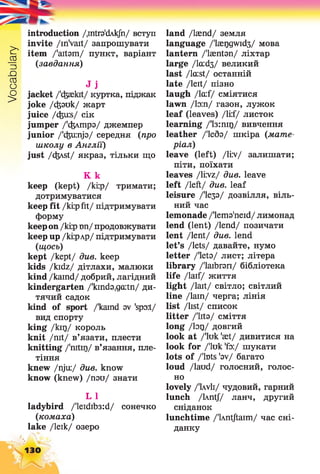 Vocabulary
introduction /.intra'ckkjh/ вступ
invite /inVait/ запрошувати
item /'aitam/ пункт, варіант
(завдання)
J j
jacket /'cfeaekit/ куртка, піджак
joke /cfeauk/ жарт
juice /(fcuis/ сік
jumper /'флшрз/ джемпер
junior /'c&uinja/ середня (про
школу в Англїі)
just /c&vst/ якраз, тільки що
К k
keep (kept) /кі:р/ тримати;
дотримуватися
keep fit /кі:рfit/ підтримувати
форму
keepon/кі:р ізп/ продовжувати
keep up /кі:рлр/ підтримувати
(щось)
kept /kept/ див. keep
kids /kidz/ дітлахи, малюки
kind /kaind/ добрий, лагідний
kindergarten /'kinda.gaitn/ ди­
тячий садок
kind of sport /'kaind sv 'spot/
вид спорту
king /kir)/ король
knit /nit/ в’язати, плести
knitting /'nitig/ в’язання, пле­
тіння
knew /nju:/ див. know
know (knew) /пои/ знати
L 1
ladybird /'leidib3:d/ сонечко
(комаха)
lake /Іеік/ озеро
land /laend/ земля
language /'laer)gwid3/ мова
lantern /'laentan/ ліхтар
large /la:d3/ великий
last /lcust/ останній
late /leit/ пізно
laugh /lcuf/ сміятися
lawn /1о:п/ газон, лужок
leaf (leaves) /li:f/ листок
learning /'1з:піг)/ вивчення
leather /'Іебз/ шкіра (мате­
ріал)
leave (left) /lirv-/ залишати;
піти, поїхати
leaves /livz/ див. leave
left /left/ due. leaf
leisure /'Іезз/ дозвілля, віль­
ний час
lemonade /'lemo'neid/ лимонад
lend (lent) /lend/ позичати
lent /lent/ due. lend
let’s /lets/ давайте, нумо
letter /'lets/ лист; літера
library /'laibrari/ бібліотека
life /laif/ життя
light /lait/ світло; світлий
line /lain/ черга; лінія
list /list/ список
litter /'lito/ сміття
long /ІОГ)/ довгий
look at /'luk 'aet/ дивитися на
look for /'luk'fo:/ шукати
lots of /'fots 'ov/ багато
loud /laud/ голосний, голос­
но
lovely /'IavIi/ чудовий, гарний
lunch /LvntJ/ ланч, другий
сніданок
lunchtime /'Lvntjtaim/ час сні­
данку
130
 