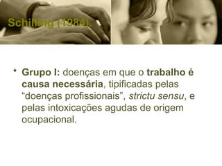 Schilling (1984).
• Grupo I: doenças em que o trabalho é
causa necessária, tipificadas pelas
“doenças profissionais”, strictu sensu, e
pelas intoxicações agudas de origem
ocupacional.
 