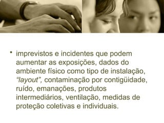 • imprevistos e incidentes que podem
aumentar as exposições, dados do
ambiente físico como tipo de instalação,
“layout”, contaminação por contigüidade,
ruído, emanações, produtos
intermediários, ventilação, medidas de
proteção coletivas e individuais.
 