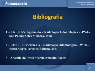 Escola de Ciências da Saúde
Curso: Odontologia
Bibliografia
1 – FREITAS, Aguinaldo - Radiologia Odontológica - 4°ed.-
São Paulo: Artes Médicas, 1998
2 – PASLER, Friedrich A – Radiologia Odontológica - 2° ed. –
Porto Alegre: Artmed Editora, 2001
3 – Apostila da Profa Marcia Amorim Pontes
43
 