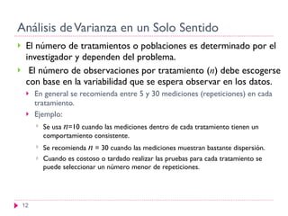 Análisis de Varianza en un Solo Sentido El número de tratamientos o poblaciones es determinado por el investigador y dependen del problema. El número de observaciones por tratamiento ( n ) debe escogerse con base en la variabilidad que se espera observar en los datos. En general se recomienda entre 5 y 30 mediciones (repeticiones) en cada tratamiento. Ejemplo: Se usa  n =10 cuando las mediciones dentro de cada tratamiento tienen un comportamiento consistente. Se recomienda  n  = 30 cuando las mediciones muestran bastante dispersión. Cuando es costoso o tardado realizar las pruebas para cada tratamiento se puede seleccionar un número menor de repeticiones. 
