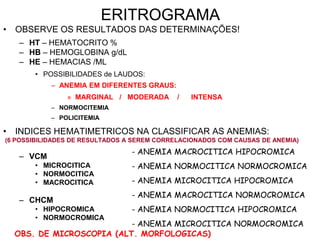 ERITROGRAMA
• OBSERVE OS RESULTADOS DAS DETERMINAÇÕES!
– HT – HEMATOCRITO %
– HB – HEMOGLOBINA g/dL
– HE – HEMACIAS /ML
• POSSIBILIDADES de LAUDOS:
– ANEMIA EM DIFERENTES GRAUS:
» MARGINAL / MODERADA / INTENSA
– NORMOCITEMIA
– POLICITEMIA
• INDICES HEMATIMETRICOS NA CLASSIFICAR AS ANEMIAS:
(6 POSSIBILIDADES DE RESULTADOS A SEREM CORRELACIONADOS COM CAUSAS DE ANEMIA)
– VCM
• MICROCITICA
• NORMOCITICA
• MACROCITICA
– CHCM
• HIPOCROMICA
• NORMOCROMICA
- ANEMIA MACROCITICA HIPOCROMICA
- ANEMIA NORMOCITICA NORMOCROMICA
- ANEMIA MICROCITICA HIPOCROMICA
- ANEMIA MACROCITICA NORMOCROMICA
- ANEMIA NORMOCITICA HIPOCROMICA
- ANEMIA MICROCITICA NORMOCROMICA
OBS. DE MICROSCOPIA (ALT. MORFOLOGICAS)
 