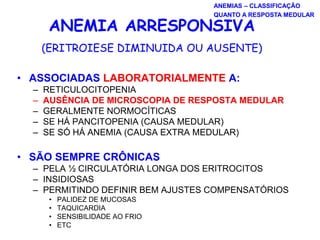 • ASSOCIADAS LABORATORIALMENTE A:
– RETICULOCITOPENIA
– AUSÊNCIA DE MICROSCOPIA DE RESPOSTA MEDULAR
– GERALMENTE NORMOCÍTICAS
– SE HÁ PANCITOPENIA (CAUSA MEDULAR)
– SE SÓ HÁ ANEMIA (CAUSA EXTRA MEDULAR)
• SÃO SEMPRE CRÔNICAS
– PELA ½ CIRCULATÓRIA LONGA DOS ERITROCITOS
– INSIDIOSAS
– PERMITINDO DEFINIR BEM AJUSTES COMPENSATÓRIOS
• PALIDEZ DE MUCOSAS
• TAQUICARDIA
• SENSIBILIDADE AO FRIO
• ETC
ANEMIA ARRESPONSIVA
(ERITROIESE DIMINUIDA OU AUSENTE)
ANEMIAS – CLASSIFICAÇÃO
QUANTO A RESPOSTA MEDULAR
 