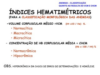 ÍNDICES HEMATIMÉTRICOS
(PARA A CLASSIFICAÇÃO MORFOLÓGICA DAS ANEMIAS)
-VOLUME CORPUSCULAR MÉDIO =VCM (Ht x10 / He) fL
• Normocítica
• Macrocítica
• Microcítica
– CONCENTRAÇÃO DE HB CORPUSCULAR MÉDIA = CHCM
(Hb x 100 / Ht) %
• Normocrômica
• Hipocrômica
OBS. HIPERCRÔMICA EM CASOS DE ERROS DE DETERMINAÇÕES E HEMÓLISE.
ANEMIAS – CLASSIFICAÇÃO
QUANTO AO RESULTA DO VCM E CHCM
 