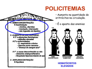 POLICITEMIAS
HEMATÓCRITOS
ELEVADOS
• Aumento na quantidade de
eritrócitos na circulação.
• É o oposto das anemias
 