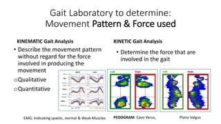 Gait Laboratory to determine:
Movement Pattern & Force used
KINEMATIC Gait Analysis KINETIC Gait Analysis
• Determine the force that are
involved in the gait
• Describe the movement pattern
without regard for the force
involved in producing the
movement
oQualitative
oQuantitative
PEDOGRAM: Cavo Varus, Plano ValgusEMG: Indicating spastic, normal & Weak Muscles
 