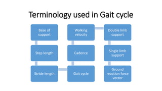 Terminology used in Gait cycle
Base of
support
Step length
Stride length Gait cycle
Cadence
Walking
velocity
Double limb
support
Single limb
support
Ground
reaction force
vector
 