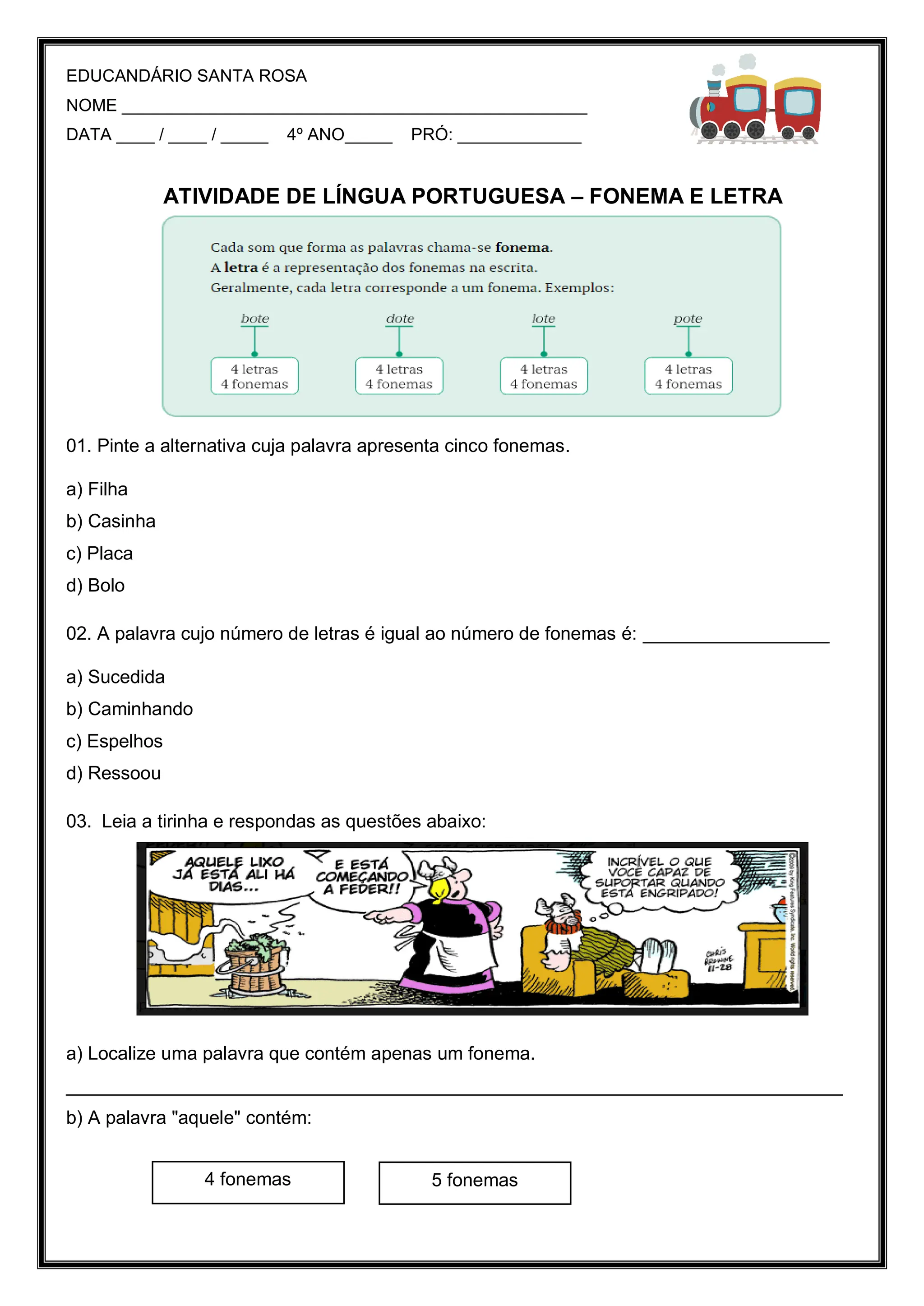 Atividades Letras E Fonemas 4 Ano - BINKEDU
