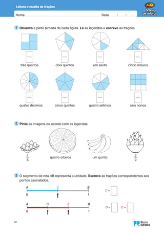 Oo
40
Leitura e escrita de frações
Nome Data -   -
1 
Observa a parte pintada de cada figura. Lê as legendas e escreve as frações.
três quartos dois quintos um sexto cinco oitavos
quatro décimos cinco quintos quatro sétimos seis nonos
2 
Pinta as imagens de acordo com as legendas.
4
6
quatro oitavos um quinto
3
9
3 
O segmento de reta AB representa a unidade. Escreve as frações correspondentes aos
pontos assinalados.
 
