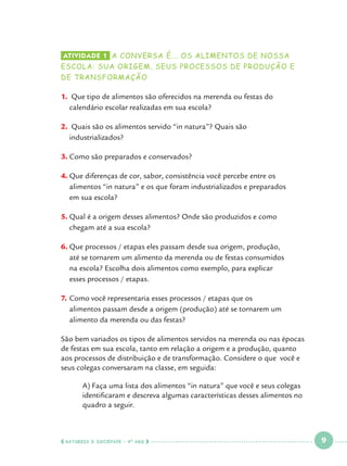 Atividade 1 	a conversa é... os alimentos de nossa

escola: sua origem, seus processos de produção e
de transformação

1.	 Que tipo de alimentos são oferecidos na merenda ou festas do 			
calendário escolar realizadas em sua escola?
2.	 Quais são os alimentos servido “in natura”? Quais são 				
industrializados?
3.		 omo são preparados e conservados?
C
Q
4.		 ue diferenças de cor, sabor, consistência você percebe entre os 		
alimentos “in natura” e os que foram industrializados e preparados 		
em sua escola?
Q
5.		 ual é a origem desses alimentos? Onde são produzidos e como 		
chegam até a sua escola?
Q
6.		 ue processos / etapas eles passam desde sua origem, produção, 		
até se tornarem um alimento da merenda ou de festas consumidos 		
na escola? Escolha dois alimentos como exemplo, para explicar 			
esses processos / etapas.
C
7.		 omo você representaria esses processos / etapas que os 			
alimentos passam desde a origem (produção) até se tornarem um 		
alimento da merenda ou das festas?
São bem variados os tipos de alimentos servidos na merenda ou nas épocas
de festas em sua escola, tanto em relação a origem e a produção, quanto
aos processos de distribuição e de transformação. Considere o que você e
seus colegas conversaram na classe, em seguida:
	
	
	

A) Faça uma lista dos alimentos “in natura” que você e seus colegas 	
identificaram e descreva algumas características desses alimentos no 	
quadro a seguir.

  NATUREZA E SOCIEDADE • 4 O ANO    

 

9

 

 