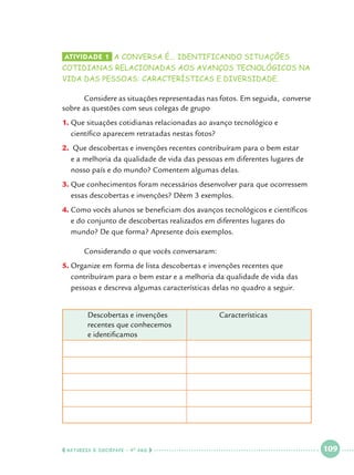 Atividade 1 	a conversa é... identificando situações

cotidianas relacionadas aos avanços tecnológicos na
vida das pessoas: características e diversidade.

	
Considere as situações representadas nas fotos. Em seguida, converse
sobre as questões com seus colegas de grupo
Q
1.		 ue situações cotidianas relacionadas ao avanço tecnológico e 			
científico aparecem retratadas nestas fotos?
2.	 Que descobertas e invenções recentes contribuíram para o bem estar
e a melhoria da qualidade de vida das pessoas em diferentes lugares de
nosso país e do mundo? Comentem algumas delas.
3.	Que conhecimentos foram necessários desenvolver para que ocorressem
essas descobertas e invenções? Dêem 3 exemplos.
C
4.		 omo vocês alunos se beneficiam dos avanços tecnológicos e científicos
e do conjunto de descobertas realizados em diferentes lugares do
mundo? De que forma? Apresente dois exemplos.
	

Considerando o que vocês conversaram:

O
5.		 rganize em forma de lista descobertas e invenções recentes que
contribuíram para o bem estar e a melhoria da qualidade de vida das
pessoas e descreva algumas características delas no quadro a seguir.
	
	
	

Descobertas e invenções			
recentes que conhecemos
e identificamos 		

  NATUREZA E SOCIEDADE • 4 O ANO    

Características

 

109

 

 