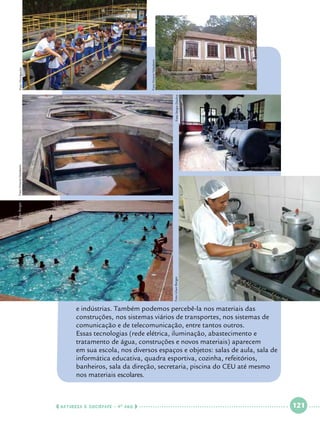Foto Viviane Valadares

Foto Sergio Dasilva

Foto Divulgação
Foto Viviane Valadares

Foto Lilian Borges

Foto Lilian Borges

	
	
	
	
	
	
	
	
	

e indústrias. Também podemos percebê-la nos materiais das 		
construções, 	nos sistemas viários de transportes, nos sistemas de 		
comunicação e de telecomunicação, entre tantos outros.
Essas tecnologias (rede elétrica, iluminação, abastecimento e 		
tratamento de água, construções e novos materiais) aparecem 		
em sua escola, nos diversos espaços e objetos: salas de aula, sala de 	
informática educativa, quadra esportiva, cozinha, refeitórios, 		
banheiros, sala da direção, secretaria, piscina do CEU até mesmo 		
nos materiais escolares.

  NATUREZA E SOCIEDADE • 4 O ANO    

 

121

 

 