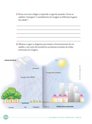 3.		 ense com seus colegas e responda a seguinte questão: Como os 		
P
satélites “enxergam” e transformam em imagem os diferentes lugares 		
da cidade ?
______________________________________________________________
______________________________________________________________
______________________________________________________________
______________________________________________________________
______________________________________________________________

Fonte: IBGE - Atlas Geográfico, 2001

4.		 bserve a seguir o diagrama que mostra o funcionamento de um 		
O
satélite, e de como ele transforma as diversas emissões de ondas 		
luminosas em imagens.

 

134

 

    cadernos de apoio e aprendizagem · SmESP  

 