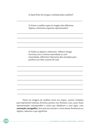 2) Qual fonte de energia é utilizada pelos satélites?

______________________________________________________________
			
		
3) Como o satélite capta as imagens dos diferentes 			
		
objetos e elementos espaciais representados?
______________________________________________________________
______________________________________________________________
______________________________________________________________
______________________________________________________________
		
		
		
		

4) Todos os objetos e elementos 	refletem energia 			
luminosa com a mesma intensidade ou com 				
intensidades 	diferentes? Apresente dois exemplos para 		
justificar sua ideia e ponto de vista.

______________________________________________________________
______________________________________________________________
______________________________________________________________
______________________________________________________________
______________________________________________________________
______________________________________________________________
______________________________________________________________
	
Tanto em imagens de satélites como em mapas, usamos símbolos
para representar rodovias, ferrovias, pontes, rios, florestas, ruas, casas. Essas
representações correspondem a sinais que obedecem a uma regra, uma
convenção cartográfica. Sem precisar escrever o nome desses fenômenos ou
objetos, sabemos o que significam.

 

136

 

    cadernos de apoio e aprendizagem · SmESP  

 