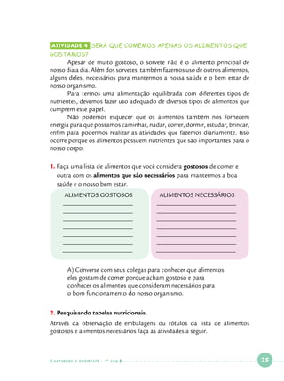 Atividade 4 	será que comemos apenas os alimentos que

gostamos?

	
Apesar de muito gostoso, o sorvete não é o alimento principal de
nosso dia a dia. Além dos sorvetes, também fazemos uso de outros alimentos,
alguns deles, necessários para mantermos a nossa saúde e o bem estar de
nosso organismo.
	
Para termos uma alimentação equilibrada com diferentes tipos de
nutrientes, devemos fazer uso adequado de diversos tipos de alimentos que
cumprem esse papel.
	
Não podemos esquecer que os alimentos também nos fornecem
energia para que possamos caminhar, nadar, correr, dormir, estudar, brincar,
enfim para podermos realizar as atividades que fazemos diariamente. Isso
ocorre porque os alimentos possuem nutrientes que são importantes para o
nosso corpo.
1.		 aça uma lista de alimentos que você considera gostosos de comer e
F
outra com os alimentos que são necessários para 	mantermos a boa
saúde e o nosso bem estar.
ALIMENTOS GOSTOSOS
______________________
______________________
______________________
______________________
______________________
______________________
______________________
	
	
	
	

ALIMENTOS NECESSÁRIOS
_________________________
_________________________
_________________________
_________________________
_________________________
_________________________
_________________________

A) Converse com seus colegas para conhecer que alimentos 			
eles gostam de comer porque acham gostoso e para 				
conhecer os alimentos que consideram necessários para 			
o bom funcionamento do nosso organismo.

2.		 esquisando tabelas nutricionais.
P
Através da observação de embalagens ou rótulos da lista de alimentos
gostosos e alimentos necessários faça as atividades a seguir.

  NATUREZA E SOCIEDADE • 4 O ANO    

 

25

 

 