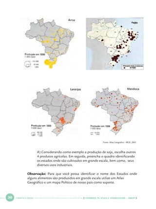 Fonte: Atlas Geográfico - IBGE, 2001

	
	
	
	

A) Considerando como exemplo a produção de soja, escolha outros 	
4 produtos agrícolas. Em seguida, preencha o quadro identificando 	
os estados onde são cultivados em grande escala, bem como, seus 	
diversos usos industriais.

Observação: Para que você possa identificar o nome dos Estados onde
alguns alimentos são produzidos em grande escala utilize um Atlas 	
Geográfico e um mapa Político de nosso país como suporte.

 

30

 

trinta e dois

    cadernos de apoio e aprendizagem · SmESP  

 