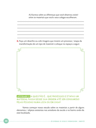 A) Escreva sobre as diferenças que você observou existir 		
entre os materiais que você e seus colegas escolheram.

______________________________________________________________
______________________________________________________________
______________________________________________________________
______________________________________________________________
______________________________________________________________
______________________________________________________________
6.		 aça um desenho ou cole imagens que mostre um processo / etapa da
F
transformação de um tipo de material e coloque no espaço a seguir.

Atividade 2 	 Questão é... que processos e etapas um
a

material passa desde sua origem até ser consumido
pelas pessoas numa loja ou em casa?
	

Vamos começar nosso estudo sobre os materiais a partir de alguns
elementos / objetos existentes nos arredores da escola e no bairro onde ela
está localizada.

 

46

 

    cadernos de apoio e aprendizagem · SmESP  

 