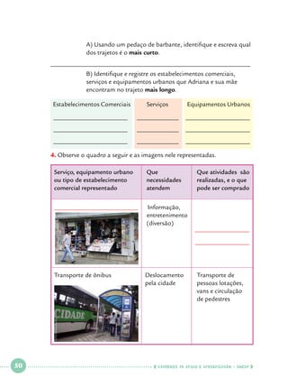 A) Usando um pedaço de barbante, identifique e escreva qual 	
dos trajetos é o mais curto.

______________________________________________________________	
	
	
		
		

B) Identifique e registre os estabelecimentos comerciais, 		
serviços e equipamentos urbanos que Adriana e sua mãe
encontram no trajeto mais longo.

Estabelecimentos Comerciais

Serviços

Equipamentos Urbanos

_______________________

_____________

____________________

_______________________

_____________

____________________

_______________________

_____________

____________________

4.		 bserve o quadro a seguir e as imagens nele representadas.
O
Que			
necessidades	
atendem 		

__________________________
					
					

Que atividades são
realizadas, e o que 	
pode ser comprado		

Informação, 	
entretenimento
(diversão)	

FOTO Divulgação

Serviço, equipamento urbano 	
ou tipo de estabelecimento 	
comercial representado		

Transporte de 		
pessoas lotações, 		
vans e circulação 		
de pedestres

FOTO divulgação

Transporte de ônibus		
Deslocamento	
					
pela cidade 	
							
							

 

50

 

    cadernos de apoio e aprendizagem · SmESP  

 
