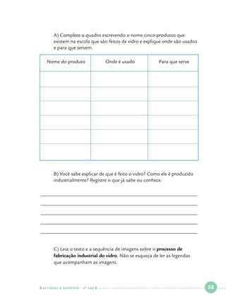 A) Complete o quadro escrevendo o nome cinco produtos que 		
existem na escola que são feitos de vidro e explique onde são usados 	
e para que servem.
Nome do produto

	
	

Onde é usado 	

Para que serve

B) Você sabe explicar de que é feito o vidro? Como ele é produzido 	
industrialmente? Registre o que já sabe ou conhece.

______________________________________________________________
______________________________________________________________
______________________________________________________________
______________________________________________________________
______________________________________________________________
	
	
	

C) Leia o texto e a sequência de imagens sobre o processo de 		
fabricação industrial do vidro. Não se esqueça de ler as legendas 	
que acompanham as imagens.

  NATUREZA E SOCIEDADE • 4 O ANO    

 

55

 

 