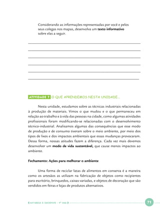 Considerando as informações representadas por você e pelos 		
seus colegas nos mapas, desenvolva um texto informativo 			
sobre elas a seguir.

______________________________________________________________
______________________________________________________________
______________________________________________________________
______________________________________________________________
______________________________________________________________
______________________________________________________________

Atividade 7 	o que aprendemos nesta unidade...

	
Nesta unidade, estudamos sobre as técnicas industriais relacionadas
à produção de materiais. Vimos o que mudou e o que permaneceu em
relação ao trabalho e à vida das pessoas na cidade, como algumas atividades
profissionais foram modificando-se relacionadas com o desenvolvimento
técnico-industrial. Analisamos algumas das consequências que esse modo
de produção e de consumo tiveram sobre o meio ambiente, por meio dos
tipos de lixos e dos impactos ambientais que essas mudanças provocaram.
Dessa forma, nossas atitudes fazem a diferença. Cada vez mais devemos
desenvolver um modo de vida sustentável, que cause menos impactos ao
ambiente. 	
Fechamento: Ações para melhorar o ambiente
	Uma forma de reciclar latas de alimentos em conserva é a maneira
como os artesãos as utilizam na fabricação de objetos como recipientes
para escritório, brinquedos, caixas variadas, e objetos de decoração que são
vendidos em feiras e lojas de produtos alternativos.

  NATUREZA E SOCIEDADE • 4 O ANO    

 

71

 

 