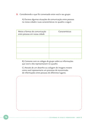 2.		 Considerando o que foi conversado entre você e seu grupo:
	
A) Escreva algumas situações de comunicação entre pessoas 		
	
na nossa cidade e suas características no quadro a seguir.
		
		
Meios e formas de comunicação			
entre pessoas em nossa cidade

Características

	
	
	
	
	

 

76

 

B) Comente com os colegas de grupo sobre as informações 			
que você e eles representaram no quadro.
C) Através de um desenho ou colagem de imagens mostre 			
como você representaria um processo de transmissão 			
de informações entre pessoas de diferentes lugares.

    cadernos de apoio e aprendizagem · SmESP  

 