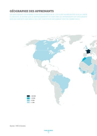 > 10 000
> 100 000
> 5 000
> 1 000
> 10 000
> 100 000
> 5 000
> 1 000
Sources : FUN et Coursera
GÉOGRAPHIE DES APPRENANTS
LES PAYS AYANT UN NOMBRE D’INSCRITS SUPÉRIEUR À 1 000 SONT REPRÉSENTÉS SUR LA CARTE
CI-DESSOUS. À NOTER QUE LE RENSEIGNEMENT DU PAYS PAR LES APPRENANTS EST DÉCLARATIF
(30% DES INSCRITS AUX MOOC DE L’IMT SUR FUN NE DÉCLARENT AUCUN CHAMP PAYS.)
12
4 ANS DE MOOC
 