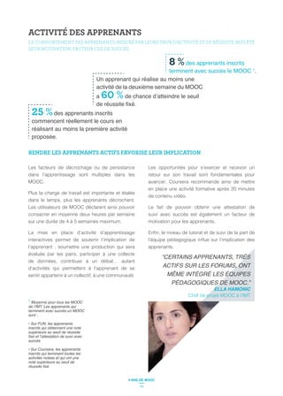 Les facteurs de décrochage ou de persistance
dans l’apprentissage sont multiples dans les
MOOC.
Plus la charge de travail est importante et étalée
dans le temps, plus les apprenants décrochent.
Les utilisateurs de MOOC déclarent ainsi pouvoir
consacrer en moyenne deux heures par semaine
sur une durée de 4 à 5 semaines maximum.
La mise en place d’activité d’apprentissage
interactives permet de soutenir l’implication de
l’apprenant : soumettre une production qui sera
évaluée par les pairs, participer à une collecte
de données, contribuer à un débat… autant
d’activités qui permettent à l’apprenant de se
sentir appartenir à un collectif, à une communauté.
Les opportunités pour s’exercer et recevoir un
retour sur son travail sont fondamentales pour
avancer. Coursera recommande ainsi de mettre
en place une activité formative après 20 minutes
de contenu vidéo.
Le fait de pouvoir obtenir une attestation de
suivi avec succès est également un facteur de
motivation pour les apprenants.
apprenants.
ELLA HAMONIC
Chef de projet MOOC à l’IMT
25 %des apprenants inscrits
commencent réellement le cours en
réalisant au moins la première activité
proposée.
1
Moyenne pour tous les MOOC
terminent avec succès un MOOC
sont :
supérieure au seuil de réussite
succès
note supérieure au seuil de
8 %des apprenants inscrits
terminent avec succès le MOOC 1
.
Un apprenant qui réalise au moins une
activité de la deuxième semaine du MOOC
a 60 %
ACTIVITÉ DES APPRENANTS
LE COMPORTEMENT DES APPRENANTS, MESURÉ PAR LEURS TAUX D’ACTIVITÉ ET DE RÉUSSITE, REFLÈTE
LEUR MOTIVATION, FACTEUR CLÉ DE SUCCÈS.
RENDRE LES APPRENANTS ACTIFS FAVORISE LEUR IMPLICATION
14
4 ANS DE MOOC
 