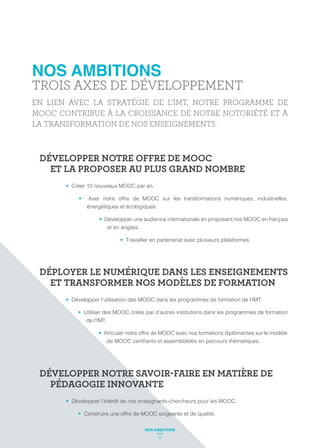 DÉVELOPPER NOTRE OFFRE DE MOOC
ET LA PROPOSER AU PLUS GRAND NOMBRE
Créer 10 nouveaux MOOC par an.
Axer notre offre de MOOC sur les transformations numériques, industrielles,
énergétiques et écologiques.
Développer une audience internationale en proposant nos MOOC en français
et en anglais.
Travailler en partenariat avec plusieurs plateformes.
DÉPLOYER LE NUMÉRIQUE DANS LES ENSEIGNEMENTS
ET TRANSFORMER NOS MODÈLES DE FORMATION
Développer l’utilisation des MOOC dans les programmes de formation de l’IMT.
Utiliser des MOOC créés par d’autres institutions dans les programmes de formation
de l’IMT.
Articuler notre offre de MOOC avec nos formations diplômantes sur le modèle
DÉVELOPPER NOTRE SAVOIR-FAIRE EN MATIÈRE DE
PÉDAGOGIE INNOVANTE
Développer l’intérêt de nos enseignants-chercheurs pour les MOOC.
Construire une offre de MOOC exigeante et de qualité.
NOS AMBITIONS
TROIS AXES DE DÉVELOPPEMENT
EN LIEN AVEC LA STRATÉGIE DE L’IMT, NOTRE PROGRAMME DE
MOOC CONTRIBUE À LA CROISSANCE DE NOTRE NOTORIÉTÉ ET À
LA TRANSFORMATION DE NOS ENSEIGNEMENTS.
5
NOS AMBITIONS
 