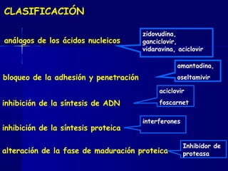 CLASIFICACIÓN
inhibición de la síntesis de ADN
inhibición de la síntesis proteica
alteración de la fase de maduración proteica
interferones
aciclovir
foscarnet
amantadina,
oseltamivir
zidovudina,
ganciclovir,
vidaravina, aciclovir
análogos de los ácidos nucleicos
bloqueo de la adhesión y penetración
Inhibidor de
proteasa
 