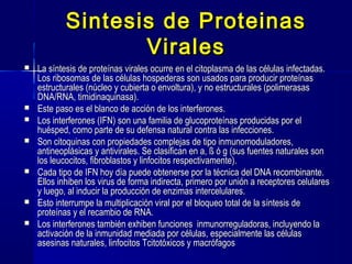 Sintesis de ProteinasSintesis de Proteinas
ViralesVirales
 La síntesis de proteínas virales ocurre en el citoplasma de las células infectadas.La síntesis de proteínas virales ocurre en el citoplasma de las células infectadas.
Los ribosomas de las células hospederas son usados para producir proteínasLos ribosomas de las células hospederas son usados para producir proteínas
estructurales (núcleo y cubierta o envoltura), y no estructurales (polimerasasestructurales (núcleo y cubierta o envoltura), y no estructurales (polimerasas
DNA/RNA, timidinaquinasa).DNA/RNA, timidinaquinasa).
 Este paso es el blanco de acción de los interferones.Este paso es el blanco de acción de los interferones.
 Los interferones (IFN) son una familia de glucoproteínas producidas por elLos interferones (IFN) son una familia de glucoproteínas producidas por el
huésped, como parte de su defensa natural contra las infecciones.huésped, como parte de su defensa natural contra las infecciones.
 Son citoquinas con propiedades complejas de tipo inmunomoduladores,Son citoquinas con propiedades complejas de tipo inmunomoduladores,
antineoplásicas y antivirales. Se clasifican en a, ß ó g (sus fuentes naturales sonantineoplásicas y antivirales. Se clasifican en a, ß ó g (sus fuentes naturales son
los leucocitos, fibroblastos y linfocitos respectivamente).los leucocitos, fibroblastos y linfocitos respectivamente).
 Cada tipo de IFN hoy día puede obtenerse por la técnica del DNA recombinante.Cada tipo de IFN hoy día puede obtenerse por la técnica del DNA recombinante.
Ellos inhiben los virus de forma indirecta, primero por unión a receptores celularesEllos inhiben los virus de forma indirecta, primero por unión a receptores celulares
y luego, al inducir la producción de enzimas intercelulares.y luego, al inducir la producción de enzimas intercelulares.
 Esto interrumpe la multiplicación viral por el bloqueo total de la síntesis deEsto interrumpe la multiplicación viral por el bloqueo total de la síntesis de
proteínas y el recambio de RNA.proteínas y el recambio de RNA.
 Los interferones también exhiben funciones inmunorreguladoras, incluyendo laLos interferones también exhiben funciones inmunorreguladoras, incluyendo la
activación de la inmunidad mediada por células, especialmente las célulasactivación de la inmunidad mediada por células, especialmente las células
asesinas naturales, linfocitos Tcitotóxicos y macrófagosasesinas naturales, linfocitos Tcitotóxicos y macrófagos
 