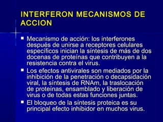 INTERFERON MECANISMOS DEINTERFERON MECANISMOS DE
ACCIONACCION
 Mecanismo de acción: los interferonesMecanismo de acción: los interferones
después de unirse a receptores celularesdespués de unirse a receptores celulares
específicos inician la síntesis de más de dosespecíficos inician la síntesis de más de dos
docenas de proteínas que contribuyen a ladocenas de proteínas que contribuyen a la
resistencia contra el virus.resistencia contra el virus.
 Los efectos antivirales son mediados por laLos efectos antivirales son mediados por la
inhibición de la penetración o decapsidacióninhibición de la penetración o decapsidación
viral, la síntesis de RNAm, la traslocaciónviral, la síntesis de RNAm, la traslocación
de proteínas, ensamblado y liberación dede proteínas, ensamblado y liberación de
virus o de todas estas funciones juntas.virus o de todas estas funciones juntas.
 El bloqueo de la síntesis proteica es suEl bloqueo de la síntesis proteica es su
principal efecto inhibidor en muchos virus.principal efecto inhibidor en muchos virus.
 