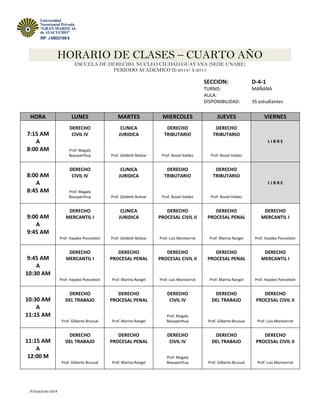 HORARIO DE CLASES – CUARTO AÑO
ESCUELA DE DERECHO, NUCLEO CIUDAD GUAYANA (SEDE UNARE)
PERIODO ACADEMICO II-2014/ I-2015
JF/siuly/Julio-2014
RIF: J-08023168-6
SECCION: D-4-1
TURNO: MAÑANA
AULA:
DISPONIBILIDAD: 35 estudiantes
HORA LUNES MARTES MIERCOLES JUEVES VIERNES
7:15 AM
A
8:00 AM
DERECHO
CIVIL IV
Prof. Magaly
Beauperthuy
CLINICA
JURIDICA
Prof. Zelideth Bolívar
DERECHO
TRIBUTARIO
Prof. Rosiel Valdez
DERECHO
TRIBUTARIO
Prof. Rosiel Valdez
L I B R E
8:00 AM
A
8:45 AM
DERECHO
CIVIL IV
Prof. Magaly
Beauperthuy
CLINICA
JURIDICA
Prof. Zelideth Bolívar
DERECHO
TRIBUTARIO
Prof. Rosiel Valdez
DERECHO
TRIBUTARIO
Prof. Rosiel Valdez
L I B R E
9:00 AM
A
9:45 AM
DERECHO
MERCANTIL I
Prof. Haydee Ponceleón
CLINICA
JURIDICA
Prof. Zelideth Bolívar
DERECHO
PROCESAL CIVIL II
Prof. Luis Montserrat
DERECHO
PROCESAL PENAL
Prof. Marina Rangel
DERECHO
MERCANTIL I
Prof. Haydee Ponceleón
9:45 AM
A
10:30 AM
DERECHO
MERCANTIL I
Prof. Haydee Ponceleón
DERECHO
PROCESAL PENAL
Prof. Marina Rangel
DERECHO
PROCESAL CIVIL II
Prof. Luis Montserrat
DERECHO
PROCESAL PENAL
Prof. Marina Rangel
DERECHO
MERCANTIL I
Prof. Haydee Ponceleón
10:30 AM
A
11:15 AM
DERECHO
DEL TRABAJO
Prof. Gilberto Bruzual
DERECHO
PROCESAL PENAL
Prof. Marina Rangel
DERECHO
CIVIL IV
Prof. Magaly
Beauperthuy
DERECHO
DEL TRABAJO
Prof. Gilberto Bruzual
DERECHO
PROCESAL CIVIL II
Prof. Luis Montserrat
11:15 AM
A
12:00 M
DERECHO
DEL TRABAJO
Prof. Gilberto Bruzual
DERECHO
PROCESAL PENAL
Prof. Marina Rangel
DERECHO
CIVIL IV
Prof. Magaly
Beauperthuy
DERECHO
DEL TRABAJO
Prof. Gilberto Bruzual
DERECHO
PROCESAL CIVIL II
Prof. Luis Montserrat
 