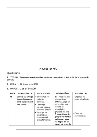 _____________________________________________________________________________________________
_________________________________________________________________
PROYECTO N°2
SESIÓN N° 5
1. TITULO : Ordenamos nuestros útiles escolares y materiales – Aplicación de la prueba de
entrada
2. FECHA : 22 de marzo del 2019
3. PROPÓSITO DE LA SESIÓN:
ÁREA COMPETENCIA CAPACIDADES DESEMPEÑOS EVIDENCIAS
PS Convive y participa
democráticamente
en la búsqueda del
bien común.
 Interactúa con
todas las
personas.
 Construye
normas, y asume
acuerdos y leyes.
 Participa en
acciones que
promueven el
bienestar común
- Se relaciona con
adultos de su
entorno, juega con
otros niños y se
integra en
actividades
grupales del aula.
Propone ideas de
juego y las normas
del mismo, sigue
las reglas de los
demás de acuerdo
- Organiza su
material del aula.
- Cuida sus
pertenencias.
 