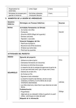 _____________________________________________________________________________________________
_________________________________________________________________
- Organizamos los
materiales.
- Latas, Cajas ½ hora
- Rotulamos los envases para
guardar el material.
- Cartulinas, plumones,
cintas para decorar.
1 hora
5. MOMENTOS DE LA SESIÓN DE APRENDIZAJE:
Secuencia
Didáctica
Estrategias con Procesos Didácticos Recursos
Rutinas Actividades Permanentes de Entrada:
- Se recibe a los niños.
- Formación.
- Oración a DIOS (Ángel de la guarda.)
- Entonan canciones.
- Ingresan a sus aulas.
Canción
Intención Pedagógica del Día:
- Planifican el proyecto.
- Reconocen sus útiles escolares.
- Ordenan sus materiales.
- Practican los acuerdos.
ACTIVIDADES DEL PROYECTO:
INICIO
DESARROLLO
Ejecución del proyecto:
- Salimos en orden al patio.
- Caminamos libremente sin chocarnos.
- Corremos en distintas direcciones.
- La maestra les da la consigna de agarrarse la parte de
la cara que menciona como: ojos, orejas, nariz, boca.
- Caminan de un lado otro.
- Se forman en fila.
- Ingresan al aula ordenados.
- La maestra muestra dos láminas, una de un aula
ordenada y brillante y la otra lámina de un aula
totalmente desordenada.
- Los niños observan y describen lo que observan en cada
lámina.
Problematización:
- Preguntamos:
¿Qué aula se ve ordenada? ¿Cómo te gustaría tu aula?
¿Cómo contribuyes al orden del aula?
Búsqueda de la información
Patio.
Láminas.
Diálogo
 