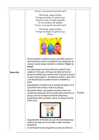 _____________________________________________________________________________________________
_________________________________________________________________
Desarrollo
//A ver, a ver que me toca esta vez//
Hola amigo, juega conmigo,
Te hago una mueca, te guiño un ojo,
Choca los cinco, te hago cosquillas,
te tiro un beso y me despido.
//A ver, a ver que me toca esta vez//
Hola amigo, juega conmigo,
Te hago una mueca, te guiño un ojo,
Choca…
- Posteriormente la maestra junto a sus niños realiza la
motivación para indicar el propósito de la sesión que es
conocer nuevos amigos mediante la dinámica “Busca tu
pareja”
- Los niños siguen las indicaciones de la maestra que
cumple el rol de guía, entrega a los niños cartas con
pares de animales que conocen como( 2 perros,2 vacas,2
cerdos,2 patos,2gatos….)le damos un animal a cada niño
y les decimos que no pueden mirarlo ni enseñarlo a
nadie.
- Seguidamente la maestra da la consigna de poder mirar
que animal le ha tocado y buscar su pareja.
- No pueden hablar, solo pueden moverse y hacer los
sonidos del animal que les ha tocado hasta encontrar su
pareja, una vez se hayan encontrado empiezan a
preguntarse cómo se llaman, cuál es su dibujo favorito,
entré otros.
- Seguidamente entonando una canción mencionamos sus
nombres de cada uno de los niños y niñas, haciendo
palmaditas
- A continuación se les preguntara a cada uno ¿Cómo se
Tarjetas
 