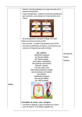 _____________________________________________________________________________________________
_________________________________________________________________
Cierre
llaman?, lo harán parándose en su lugar haciendo así su
presentación personal
- Luego entregaremos solaperos con letras grandes para
que lo adornen y los coloquen en el lado derecho de su
casaca.
- Se les preguntara si les gusto trabajar ¿Por qué?
¿Cómo se sintieron durante el día?
- Para terminar la maestra les presenta una canción:
- Sol Solecito Caliéntame un Poquito | Sol Solecito Luna
Lunera Los Amiguitos que juntos entonan:
Sol, solecito,
caliéntame un poquito
por hoy por mañana
por toda la semana.
Luna, lunera, cascabelera,
cinco pollitos y una ternera.
¡Caracol, caracol,
a la una sale el sol!
Sale Pinocho tocando el tambor
con una cuchara y un tenedor.
Sol, solecito,
caliéntame un poquito
por hoy por mañana
por toda la semana
Actividades de recreo, aseo, refrigerio
- Los niños se disponen a jugar libremente en el patio
junto en el patio. A los demás compañeritos.
Microporoso
Plumón
Detallito
1.
 