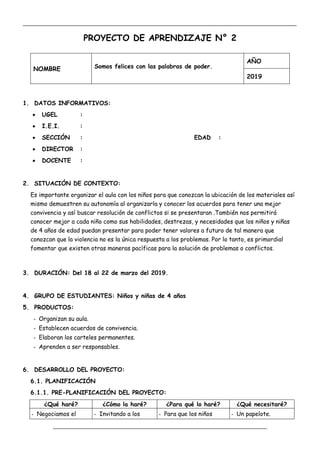 _____________________________________________________________________________________________
_________________________________________________________________
PROYECTO DE APRENDIZAJE N° 2
NOMBRE Somos felices con las palabras de poder.
AÑO
2019
1. DATOS INFORMATIVOS:
 UGEL :
 I.E.I. :
 SECCIÓN : EDAD :
 DIRECTOR :
 DOCENTE :
2. SITUACIÓN DE CONTEXTO:
Es importante organizar el aula con los niños para que conozcan la ubicación de los materiales así
mismo demuestren su autonomía al organizarla y conocer los acuerdos para tener una mejor
convivencia y así buscar resolución de conflictos si se presentaran .También nos permitirá
conocer mejor a cada niño como sus habilidades, destrezas, y necesidades que los niños y niñas
de 4 años de edad puedan presentar para poder tener valores a futuro de tal manera que
conozcan que la violencia no es la única respuesta a los problemas. Por lo tanto, es primordial
fomentar que existen otras maneras pacíficas para la solución de problemas o conflictos.
3. DURACIÓN: Del 18 al 22 de marzo del 2019.
4. GRUPO DE ESTUDIANTES: Niños y niñas de 4 años
5. PRODUCTOS:
- Organizan su aula.
- Establecen acuerdos de convivencia.
- Elaboran los carteles permanentes.
- Aprenden a ser responsables.
6. DESARROLLO DEL PROYECTO:
6.1. PLANIFICACIÓN
6.1.1. PRE-PLANIFICACIÓN DEL PROYECTO:
¿Qué haré? ¿Cómo la haré? ¿Para qué lo haré? ¿Qué necesitaré?
- Negociamos el - Invitando a los - Para que los niños - Un papelote.
 