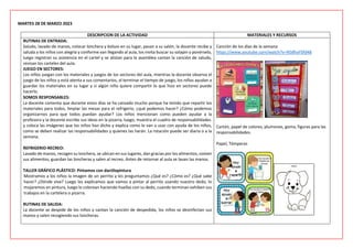 MARTES 28 DE MARZO 2023
DESCRIPCION DE LA ACTIVIDAD MATERIALES Y RECURSOS
RUTINAS DE ENTRADA:
Saludo, lavado de manos, colocar lonchera y bolsos en su lugar, pasan a su salón, la docente recibe y
saluda a los niños con alegría y conforme van llegando al aula, los invita buscar su solapin y ponérselo,
luego registran su asistencia en el cartel y se alistan para la asamblea cantan la canción de saludo,
revisan los carteles del aula.
JUEGO EN SECTORES:
Los niños juegan con los materiales y juegos de los sectores del aula, mientras la docente observa el
juego de los niños y está atenta a sus comentarios, al terminar el tiempo de juego, los niños ayudan a
guardar los materiales en su lugar y si algún niño quiere compartir lo que hizo en sectores puede
hacerlo.
 SOMOS RESPONSABLES:
La docente comenta que durante estos días se ha cansado mucho porque ha tenido que repartir los
materiales para todos, limpiar las mesas para el refrigerio, ¿qué podemos hacer? ¿Cómo podemos
organizarnos para que todos puedan ayudar? Los niños mencionan como pueden ayudar a la
profesora y la docente escribe sus ideas en la pizarra, luego, muestra el cuadro de responsabilidades
y coloca las imágenes que los niños han dicho y explica como lo van a usar con ayuda de los niños,
como se deben realizar las responsabilidades y quienes las harán. La rotación puede ser diaria o a la
semana.
REFRIGERIO-RECREO:
Lavado de manos, recogen su lonchera, se ubican en sus lugares, dan gracias por los alimentos, comen
sus alimentos, guardan las loncheras y salen al recreo. Antes de retornar al aula se lavan las manos.
TALLER GRÁFICO PLÁSTICO: Pintamos con dactilopintura
Mostramos a los niños la imagen de un perrito y les preguntamos ¿Qué es? ¿Cómo es? ¿Qué sabe
hacer? ¿Dónde vive? Luego les explicamos que vamos a pintar al perrito usando nuestro dedo, lo
mojaremos en pintura, luego lo colorean haciendo huellas con su dedo, cuando terminan exhiben sus
trabajos en la cartelera o pizarra.
RUTINAS DE SALIDA:
La docente se despide de los niños y cantan la canción de despedida, los niños se desinfectan sus
manos y salen recogiendo sus loncheras.
Canción de los días de la semana
https://www.youtube.com/watch?v=N58haYSfd48
Cartón, papel de colores, plumones, goma, figuras para las
responsabilidades.
Papel, Témperas
 