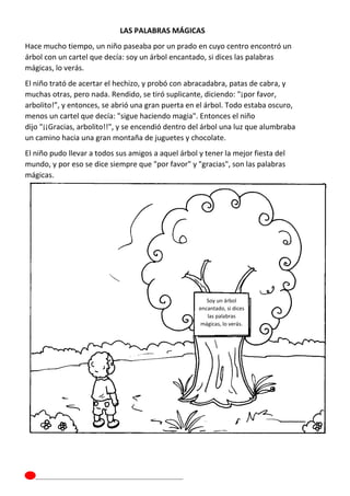 LAS PALABRAS MÁGICAS
Hace mucho tiempo, un niño paseaba por un prado en cuyo centro encontró un
árbol con un cartel que decía: soy un árbol encantado, si dices las palabras
mágicas, lo verás.
El niño trató de acertar el hechizo, y probó con abracadabra, patas de cabra, y
muchas otras, pero nada. Rendido, se tiró suplicante, diciendo: "¡por favor,
arbolito!”, y entonces, se abrió una gran puerta en el árbol. Todo estaba oscuro,
menos un cartel que decía: "sigue haciendo magia". Entonces el niño
dijo "¡¡Gracias, arbolito!!", y se encendió dentro del árbol una luz que alumbraba
un camino hacia una gran montaña de juguetes y chocolate.
El niño pudo llevar a todos sus amigos a aquel árbol y tener la mejor fiesta del
mundo, y por eso se dice siempre que "por favor" y "gracias", son las palabras
mágicas.
Soy un árbol
encantado, si dices
las palabras
mágicas, lo verás.
